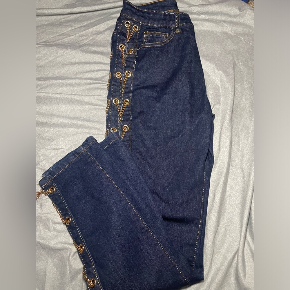 Gold Lace Up Chain Denim Jeans